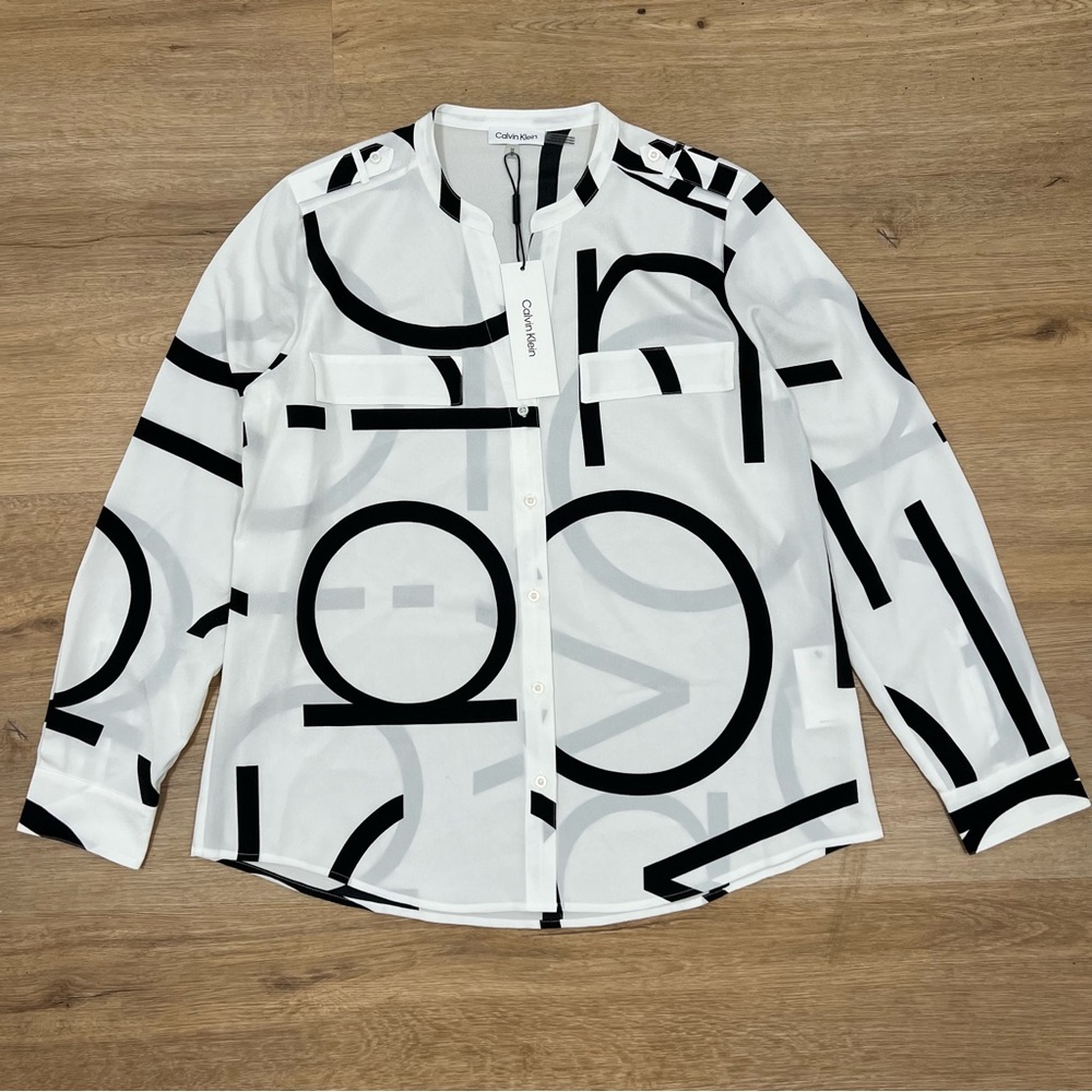 Calvin Klein Long Sleeve Logo Button Front Blouse, M